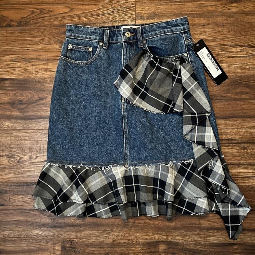 Denim Skirt Plaid Ruffle Trim Asymmetrical Patchwork Y2K Grunge NWT New‎ Medium
